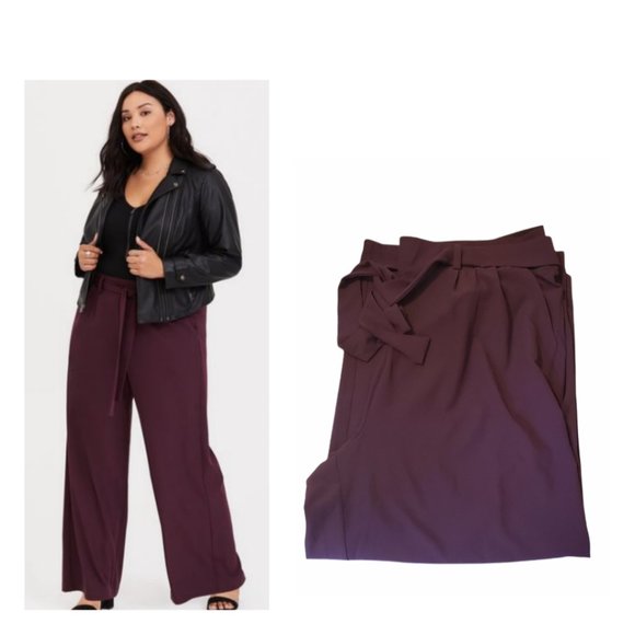 torrid Pants - BURGUNDY CREPE TIE FRONT WIDE LEG PANT